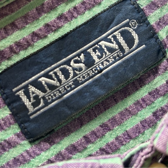 VTG LANDS’ END Men’s Purple and Green Striped Short Sleeve Button Down Shirt L - Picture 12 of 12
